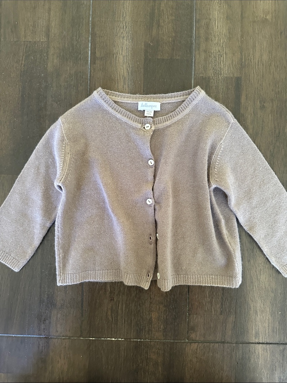 Belle Enfant Knit Button-Up Cardigan in brown. Size 18-24 months.